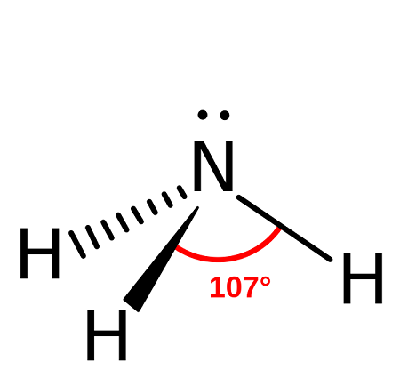 <p>bond angle = 107, has 3 bonding pairs, has 1 lone pair</p><p>example =  ammonia</p>