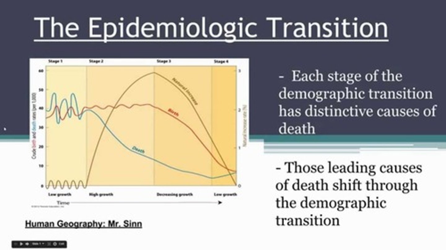 <p>= any major shift in patterns of disease or causes of death that affects the level and character of mortality in a population<br>... what we died/die/will die from<br><br>Developed countries and Underdeveloped countries</p>
