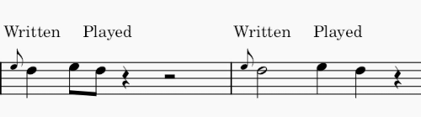 <p>First half of the written note is the pitch of the grace note (the 1st note can be any note, higher, lower, or same as the written note).</p>