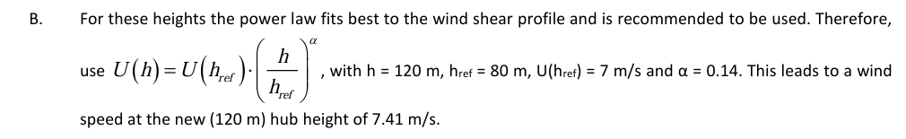 <p>For these heights the power law is recommended. Applying it yields U(120 m) = 7.41 m/s.</p>