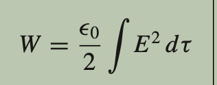 <p>The total energy stored in the electric field of a continuous charge distribution, calculated by integrating the energy density over the volume of the charge distribution. </p>
