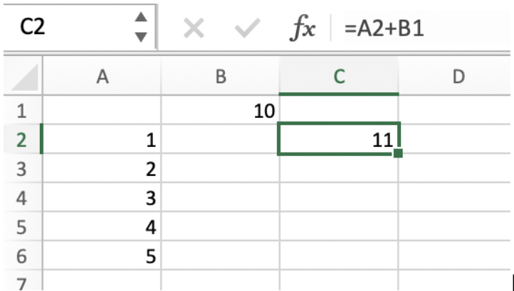 <p>Cell C2 contains the formula =A2+B1. If you drag the formula to C3 using the Fill Handle, what is the result in cell C3?</p>