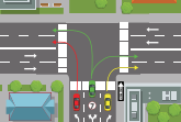 Traffic going straight through the intersection has the right-of-way. You may turn either right or left from the center lane. 