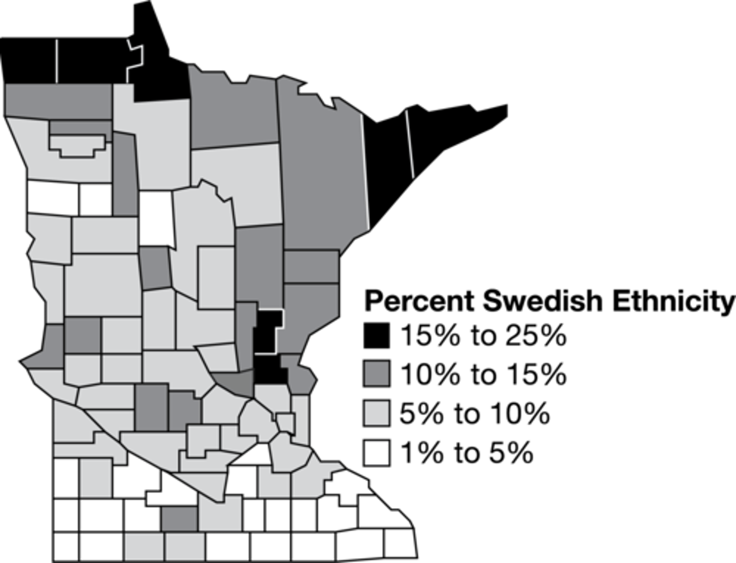 <p>In the late nineteenth century, a large proportion of Swedish immigrants that came to the United States settled in rural areas of Minnesota. Descendants of these communities remain in Minnesota today, as shown on the map. Which of the following best describes the pattern of Swedish-American ethnicity within Minnesota's cultural landscape?</p>