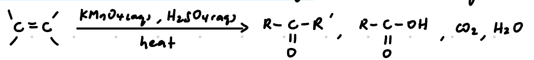 <p>Strong oxidation</p><p>Reagents: KMnO4(aq), H2SO4(aq)</p><p>Conditions: Heat/ heat under reflux</p><p>Observations:</p><ul><li><p>Purple KMnO4 decolourised</p></li><li><p>For terminal alkenes, a colourless gas (CO2) which forms a white ppt with limewater is evolved</p></li></ul><p></p>