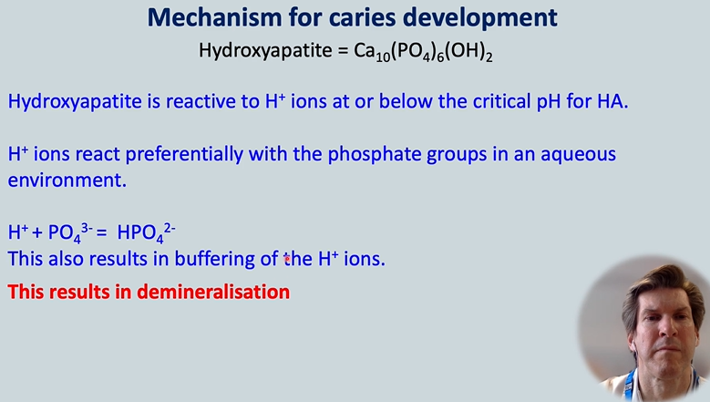 <p>hydroxyapatite is reactive to H+ ions at or below the critical pH for any HA </p><p>H+ ions react <strong><em>preferentially </em></strong>with the <strong>phosphate </strong>group in an aqueous environment </p><p><strong><em>this also results in buffering the H+ ions - this results in demineralisation </em></strong></p>