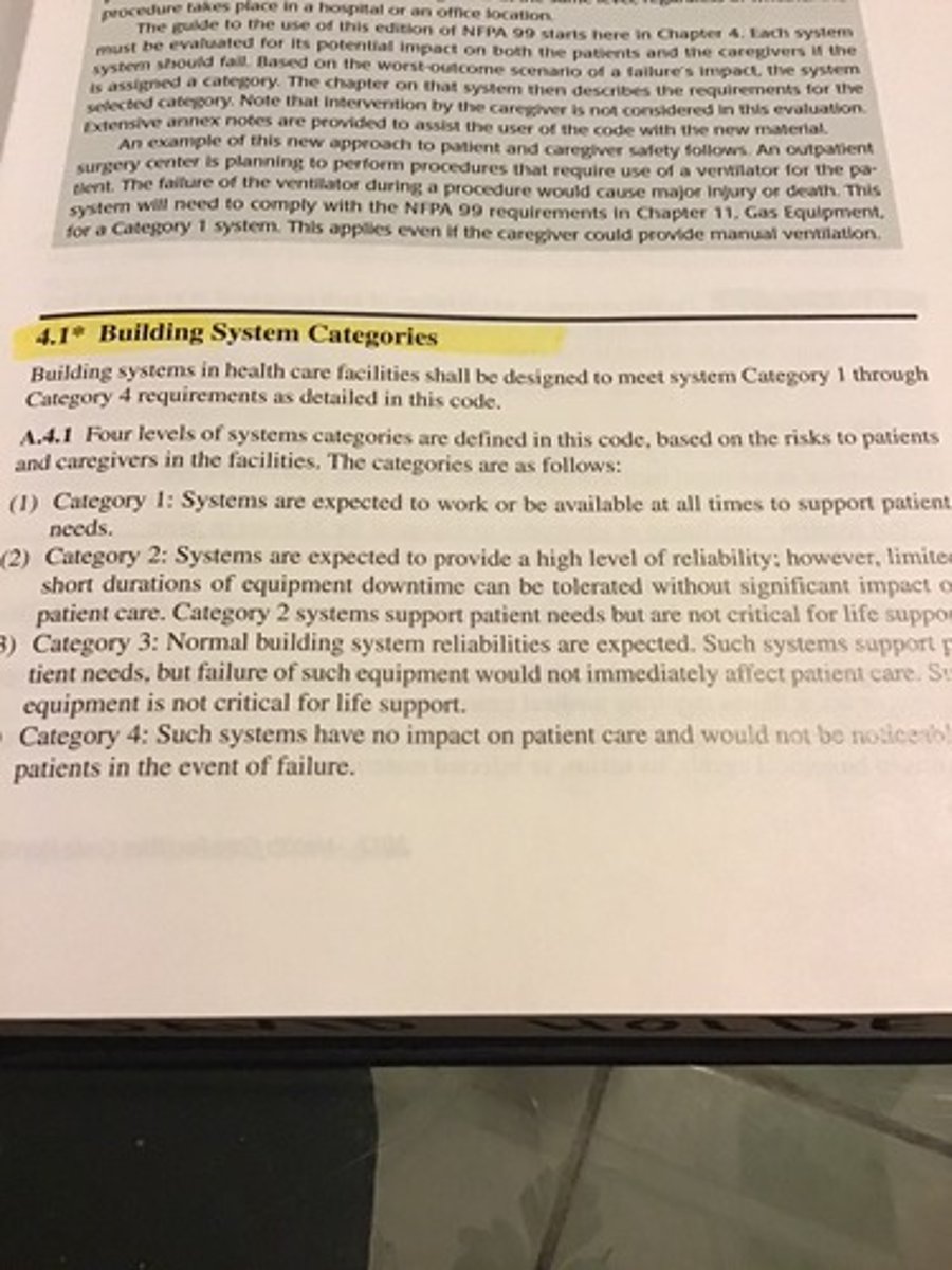 <p>Category 1 = work or be available at all times</p><p>Category 2 = limited short durations of downtime</p><p>Category 3 = normal building system reliability</p><p>Category 4 = no impact in patient care</p>
