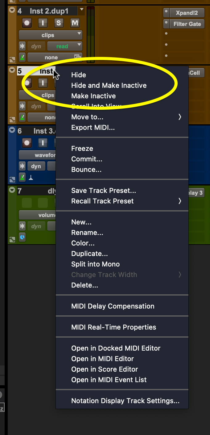 <p>Right-click on the track name and select Hide / Hide and make Inactive.</p>