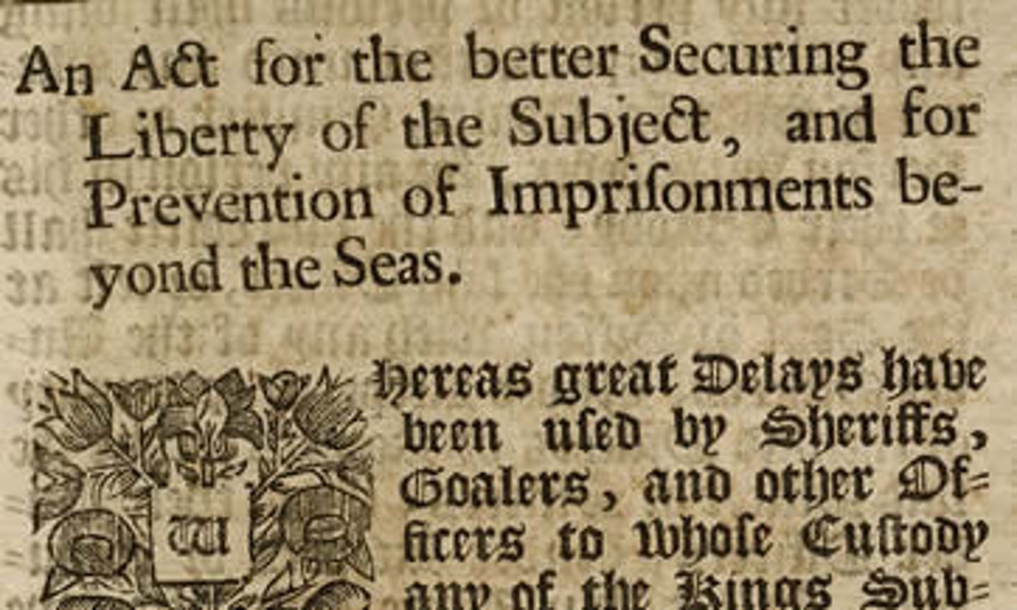 <p>Petition requiring law enforcement officers to present detained individuals before the court to examine the legality of the arrest. Protects individuals from arbitrary state action. Suspended by Lincoln during the Civil War.</p>