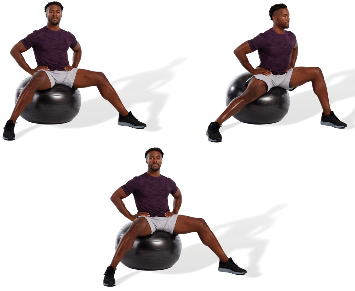 sit on a stability ball in a lateral lunge position until a stretch is felt in the inner thigh area

posteriorly rotate the pelvis and draw in the abdominals when performing this stretch

repeat for the desired number of repetitions