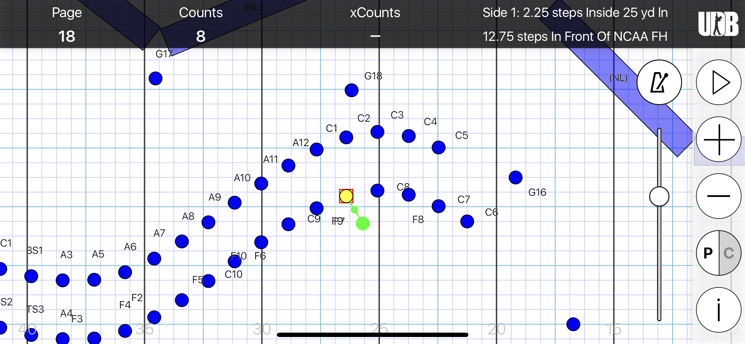 <p>STS: Side 1 ,2.25 steps inside 25 yd ln</p><p>FTB: 12.75 steps in front of FH</p><p>SS: Hold for 8 counts</p><p>XC: N/A</p>