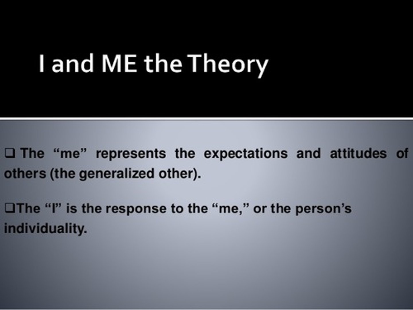<p>I is the part of yourself that is active and responds to how others view you. In this case it is Timmy engaging in activities.</p><p>Me is the part of yourself that is passive. It is the way Timmy is viewed by others.</p>