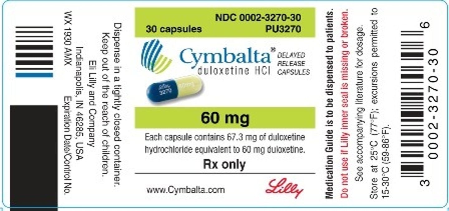 <p>Brand: Cymbalta</p><p>Class: Serotonin-norepinephrine reuptake inhibitor (SNRI)</p>