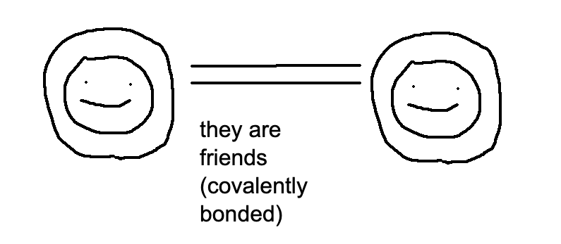 when two pairs of electrons are shared covalently (two little lines)