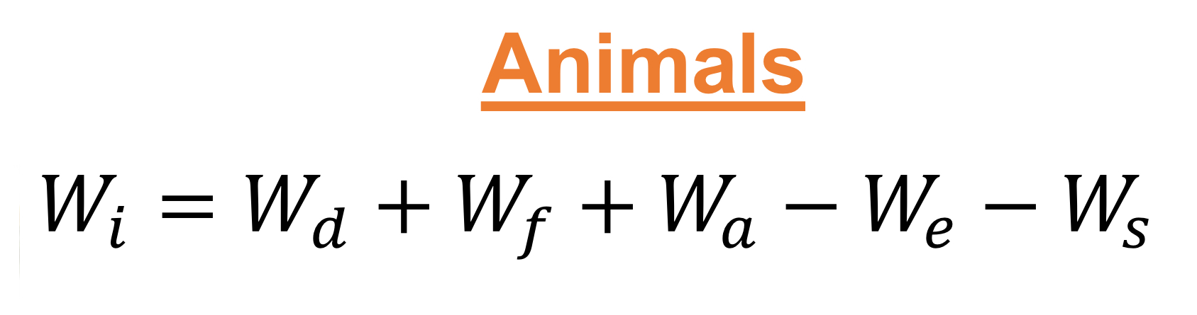 <p>What do each component of the Water budget equation for TERRESTRIAL <strong><u>ANIMAL </u></strong>systems represent?</p>
