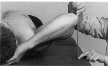 <p>Patient: Supine, hands clasped together behind the head (no lumbar or cervical flexion)</p><p>Measure the distance between the olecranon process and the support surface.</p>