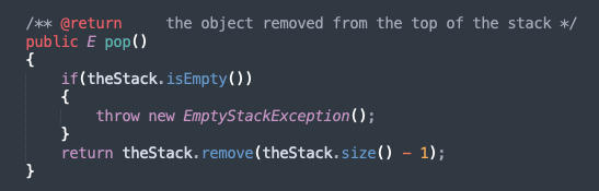 <p>removing object from the top of the stack</p>