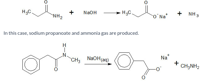 <ul><li><p><span>This reaction is carried out by </span><strong>heating</strong><span> the amide, under </span><strong>r-eflux</strong><span>, with </span><strong>aqueous sodium hydroxide</strong><span>. </span></p></li></ul><p></p><ul><li><p><span>The carbon-nitrogen bond is broken, giving the sodium carboxylate ion and a nitrogen containing compound. <mark data-color="yellow" style="background-color: yellow; color: inherit">The nitrogen containing compound differs depending on whether the nitrogen was substituted or not.</mark></span></p></li></ul><p></p><p></p><p><span>Again, the carboxylic acid can be obtained by acidification (reprotonation) using a dilute acid.</span></p>