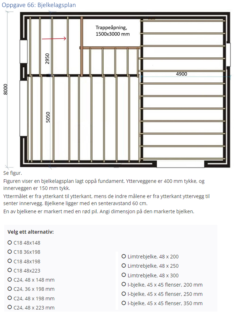 <p>(Bjelkelagsplan) Angi dimensjon på den markerte bjelken</p>