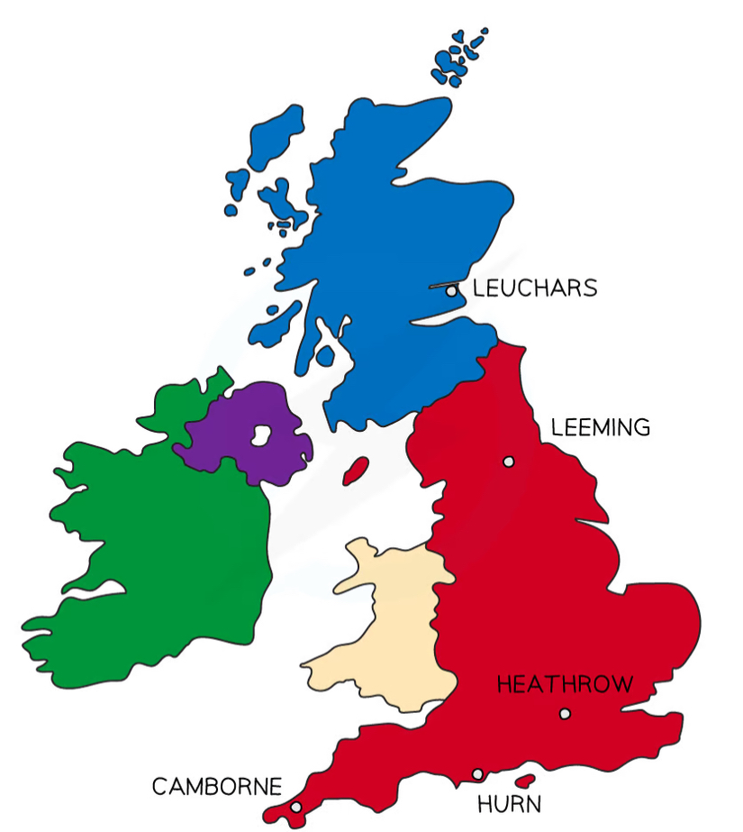 <p>Leuchars (most northern, coastal)</p><p>Leeming (central England, inland)</p><p>Heathrow (London, inland)</p><p>Hurn (southern England, coastal)</p><p>Camborne (most southern, coastal)</p>