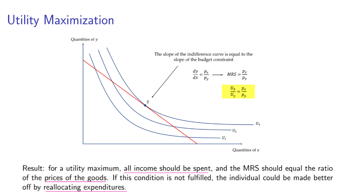 <p>For a utility maximum, all income should be spent, and the MRS should equal the ratio of the prices of the goods. If this condition is not fulfilled, the individual could be made better off by reallocating expenditures. </p>