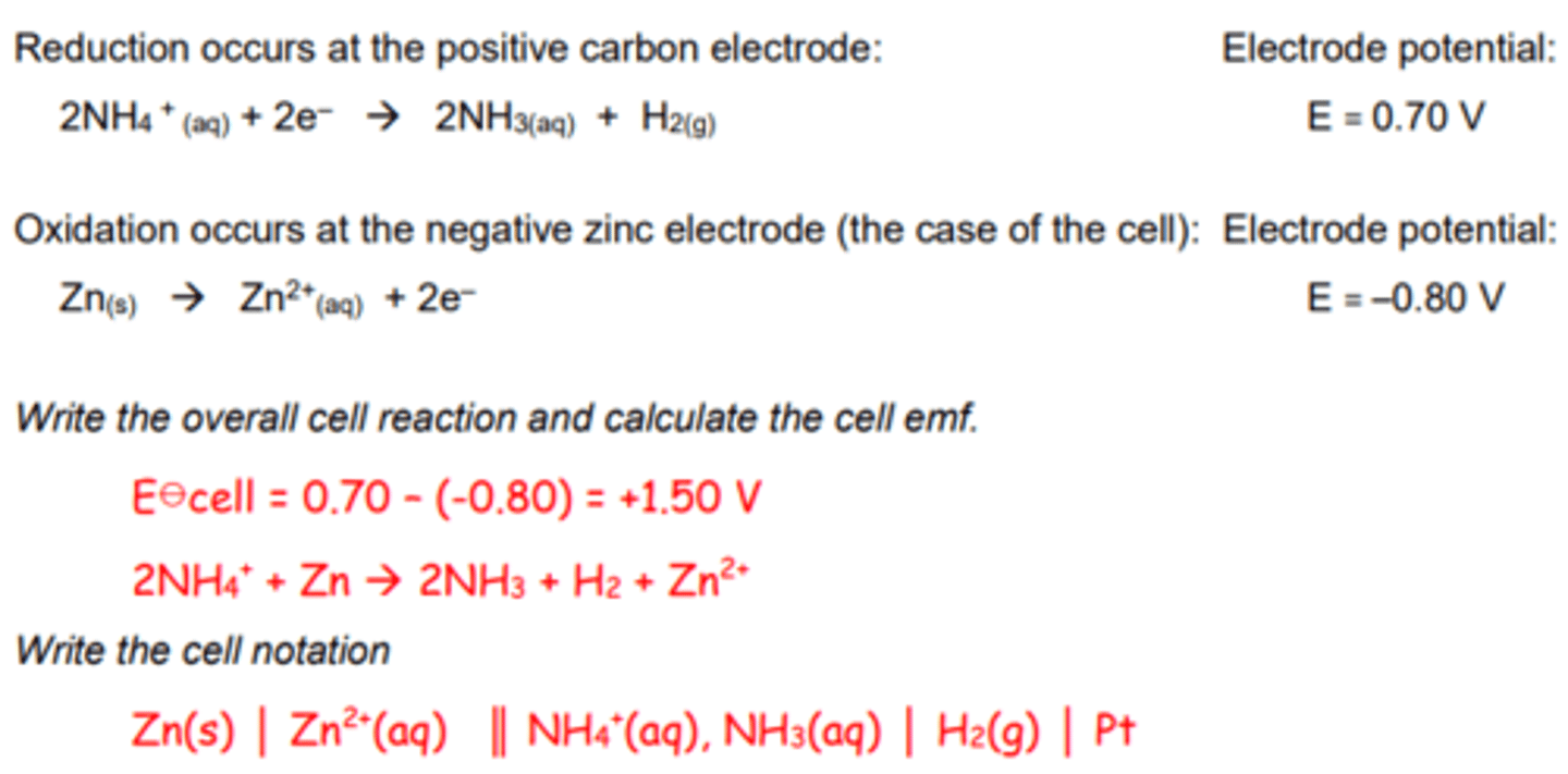 <p>In the original form of this cell (Leclanché<br>cell) the electrolyte is an acidic paste of<br>ammonium chloride and water.<br>The hydrogen gas produced by the reaction is oxidised to water by the presence of MnO2 in the cell.<br>The ammonia dissolves in water in the paste<br>in the cell.<br>As the zinc is used up the cell walls become<br>thinner and the acidic solution can leak out.<br>This type of battery tends to be used in gadgets that only use a small amounts of power for short periods of time, e.g. TV remote, smoke alarm.</p>