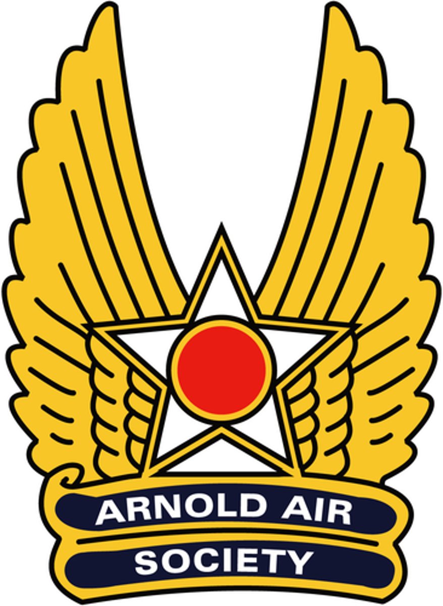 <p>- A white Air Force star with a cardinal ball in the center resting on opposed gold wings</p><p>- Under this are two blue bars with "Arnold Air Society"</p><p>superimposed on the bars</p>