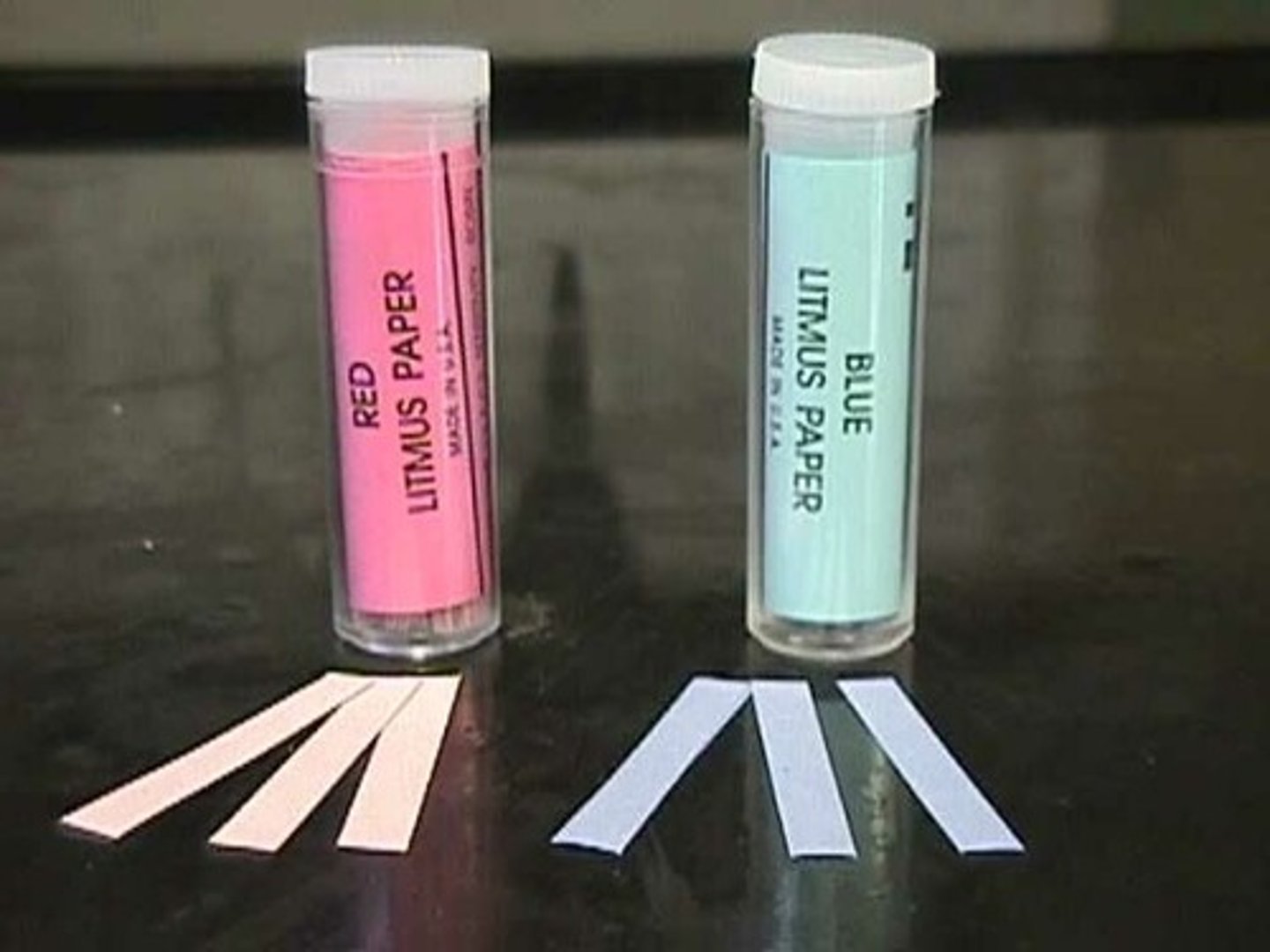 <p>Red paper is used to identify bases, and blue is used to identify acids</p>