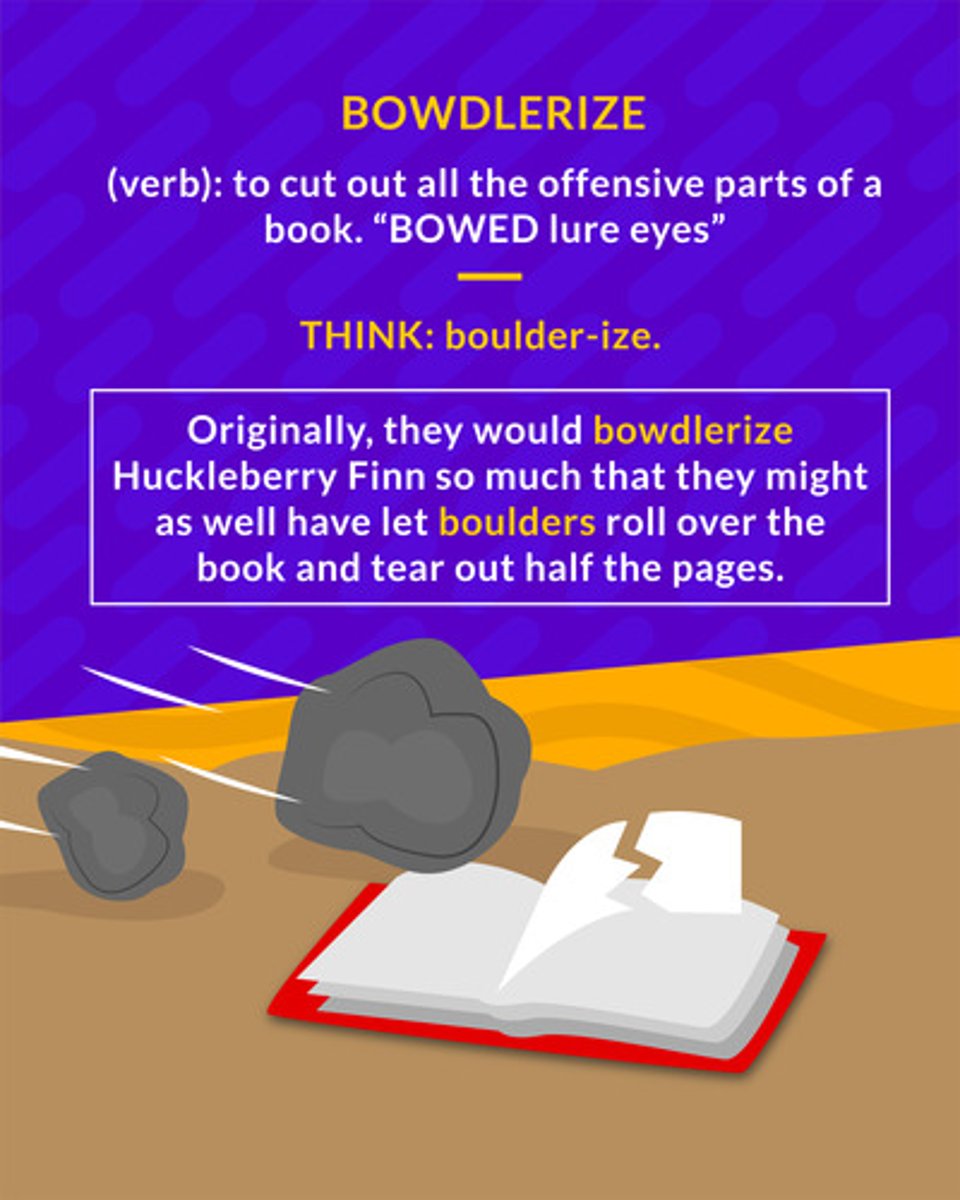 <p>(v.) to remove material considered offensive (from a book, play, film, etc.)</p><p>(verb) to cut all the offensive parts of a book</p>