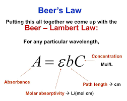 <p>A = ebC<br><br><span><strong><span>direct, linear relationship btn the absorbance of light by a sol. and both its conc. and the path length the light travels through it</span></strong></span></p>