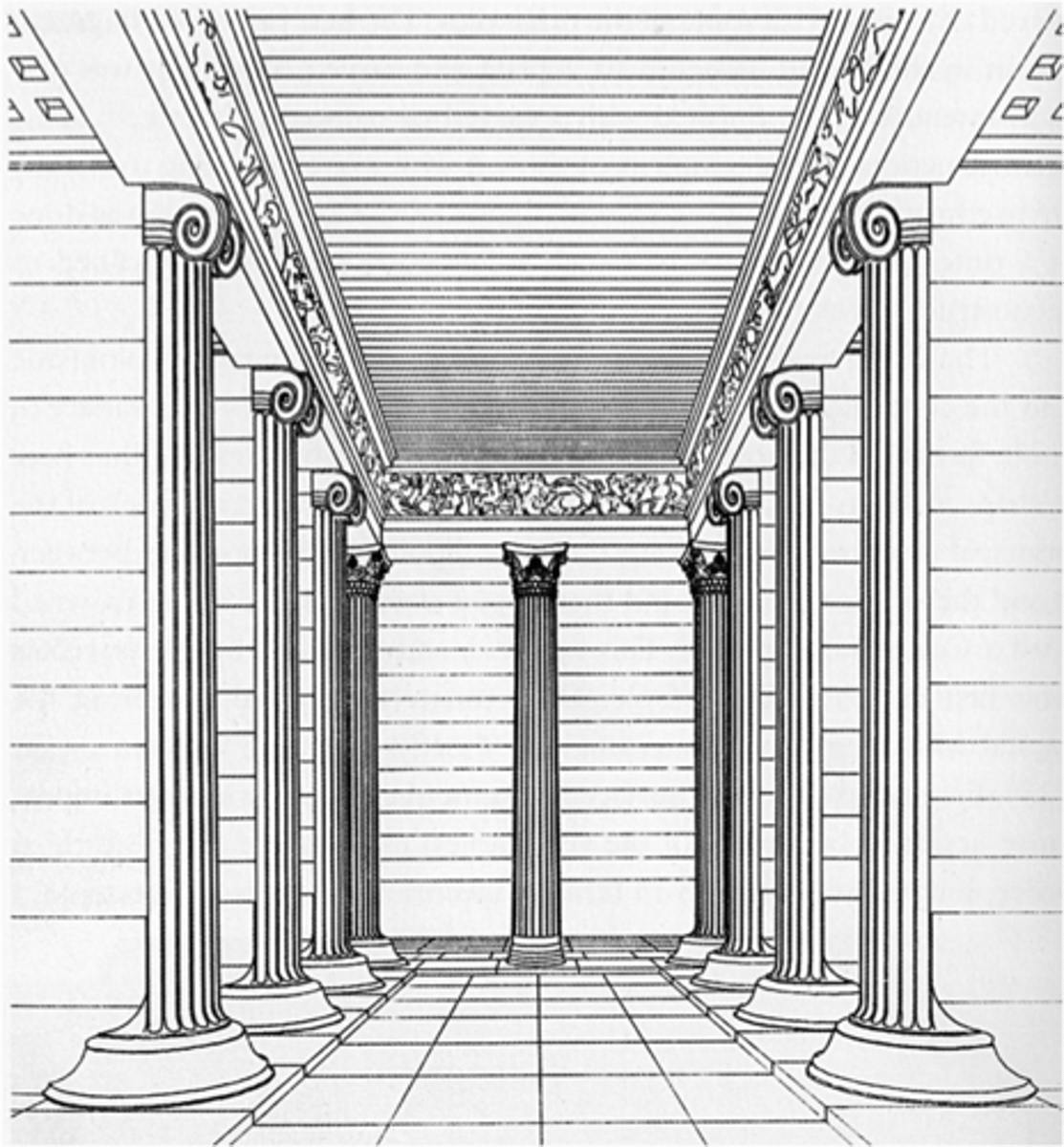 <p>Doric (exterior columns), Ionic (interior frieze), and Corinthian (earliest known example of a Corinthian capital)<br>Iktinos<br>c. 429-427 BC<br>Bassae<br>Late Classical Period</p>