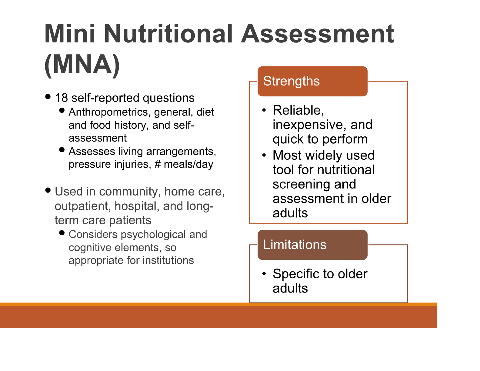 <p>MNA (mini nutritional assessment)</p>