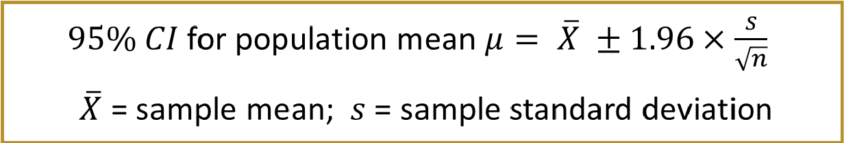 <p>Cl = <span style="color: purple">point estimate</span> ± <span style="color: red">critical value</span> (at a <span style="color: blue">confidence level</span>) x <span style="color: green">SE (point estimate)</span></p><p>Higher confidence levels have larger z values, which translate to larger margins of error and wider CIs</p><p>If you use 99% confidence rather than 95% confidence, you will have a wider interval</p><p>i.e. If you want more certainty in your estimates, you will need a wider</p><p>This formula works for a <span style="color: blue"><strong>large sample size</strong></span>. For <span style="color: red">smaller sample size</span>, we use <span style="color: red"><em>t</em>-distribution</span> to obtain the critical value instead of normal distribution</p><ul><li><p>The <em>t</em> distribution is another probability model for a continuous variable</p></li><li><p>The <em>t</em> distribution takes a slightly different shape <span style="color: red">depending on the exact sample size</span></p><ul><li><p><em>t</em> distributions are indexed by <span style="color: red">degrees of freedom</span> (df) which is defined as <span style="color: red"><em>n</em> - 1</span></p></li><li><p>If df = <span>∞, the t distribution is the same as the normal distribution</span></p></li></ul></li><li><p>It is important to note that appropriate use of the <em>t</em> distribution assumes that the <span style="color: blue">variable of interest is approximately normally distributed</span></p></li><li><p>Specifically, the t values for the CIs are larger for smaller samples, resulting in larger margins of error</p><ul><li><p>i.e., there is more imprecision with small samples</p></li></ul></li></ul><p></p>