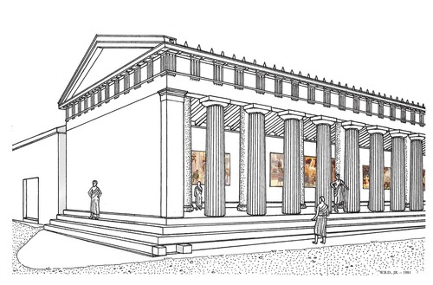 <p>an ancient Greek covered walkway having columns on one side and a wall on the other</p>