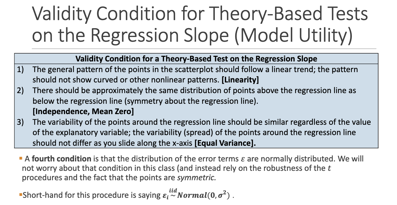 <p>1. <strong>Linearity</strong></p><p class="p1">2. <strong>Symmetric residuals</strong> (mean zero)</p><p class="p1">3. <strong>Equal variance</strong> along x</p>