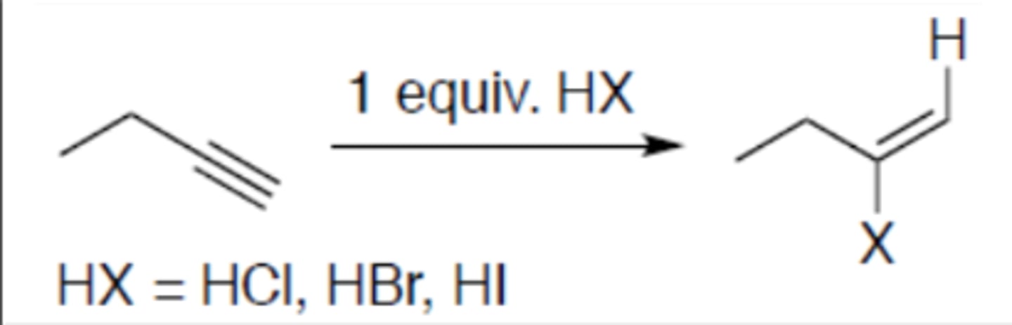 <p>Carbocation: yes (no rearrangement)</p><p>Regiochemistry: mark</p><p>Stereoselectivity: anti</p><p>Reagent(s): HX = HCl, HBr, HI</p><p>- Becomes alkene and adds X to more stable CC+ and hydrogen to other carbon</p>