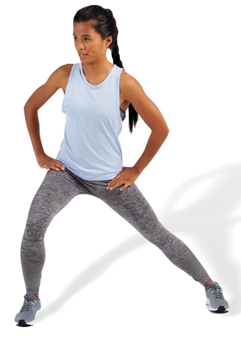 stand with legs apart and shift weight to one side (lateral lunge position) until a stretch is felt in the inner thigh of the target leg

posteriorly rotate the pelvis and draw in the abdominals when performing this stretch