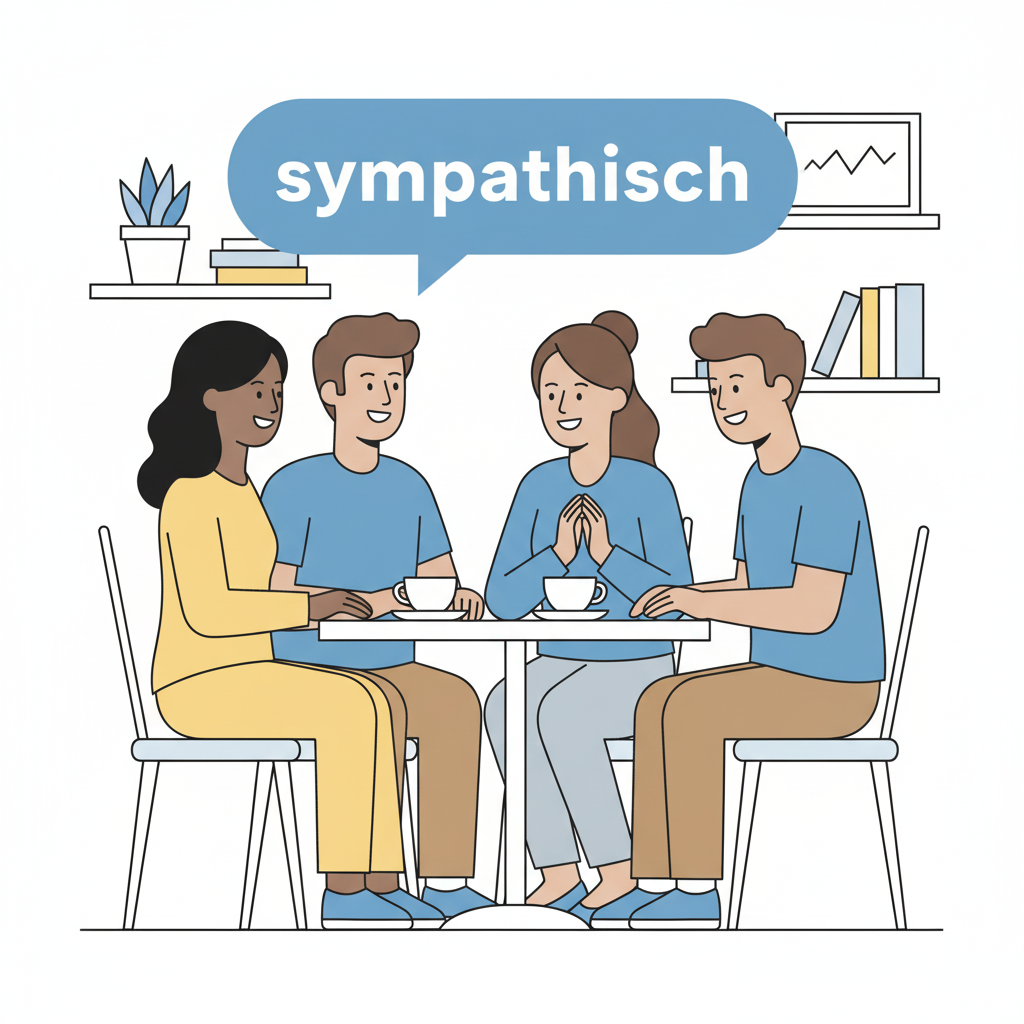<p><strong>Person A:</strong> Kennst du den neuen Nachbarn? (Do you know the new neighbor?)</p><p><strong>Person B:</strong> Ja, Herr Weber. Er ist sehr <strong>sympathisch</strong>, finde ich. (Yes, Mr. Weber. I find him very likable.)<br><br><br>Tom’s freundin ist unsympathisch, oder? </p>