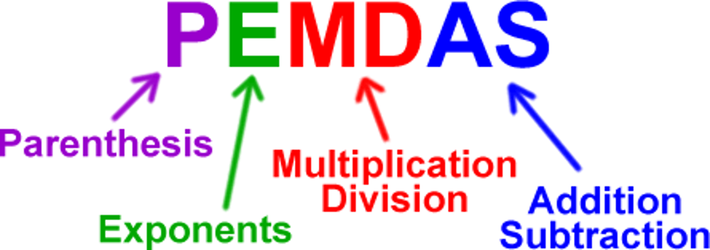 <p>-PEMDAS</p><p>-Parentheses FIRST</p><p>-Multiplication and Division SECOND (Left to Right)</p><p>-Addition and Subtraction THIRD (Left to Right)</p>