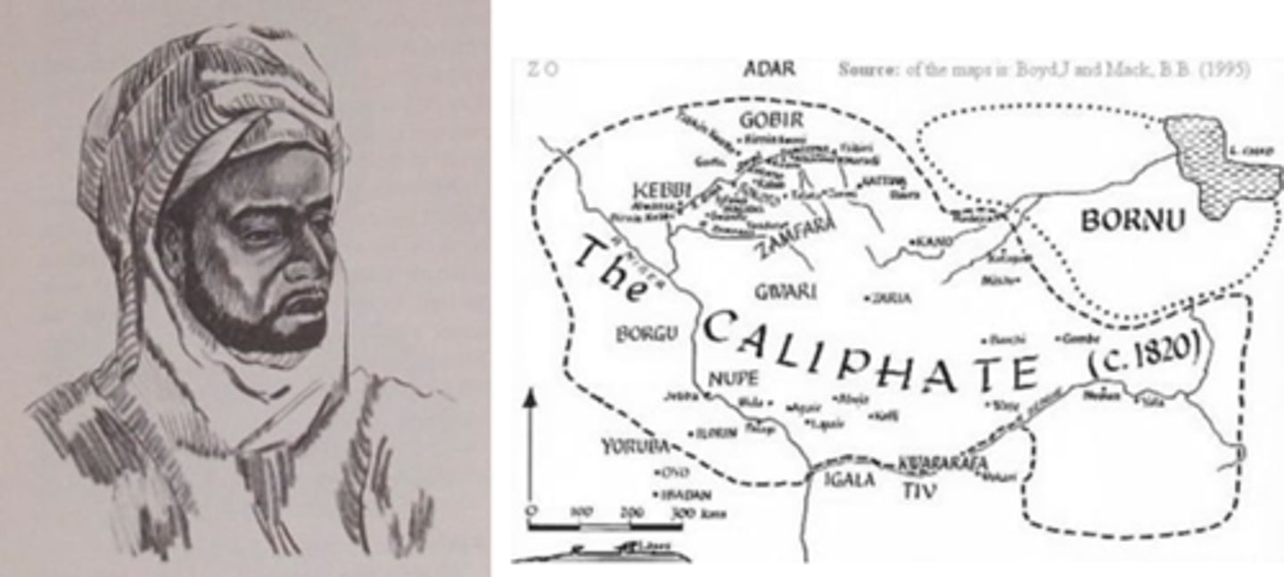 <p>A large Islamic state in West Africa, founded in 1804 by Usman dan Fodio after a successful religious and political revolution against the Hausa rulers.</p>