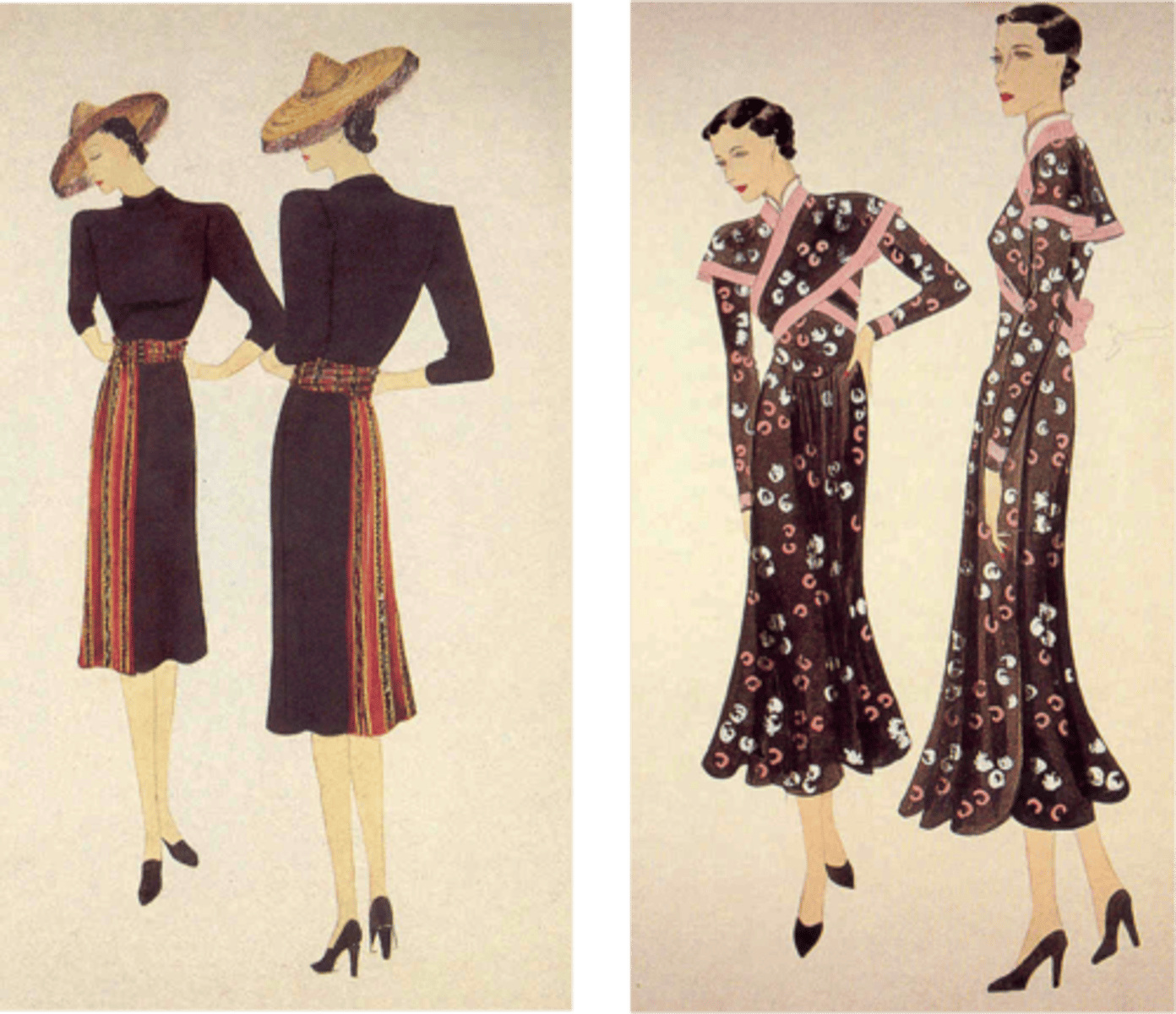 <p>- Back is revealed</p><p>- Bias cut dresses</p><p>- Angular seaming</p><p>- Long hemlines</p><p>- Asymmetry</p><p>- Challenging gender norms --> strong shoulders thru puff sleeves and pads</p>