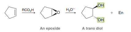 <p>Epoxide intermeidate. Ring opening to form trans-diol via aqueous acid.</p>