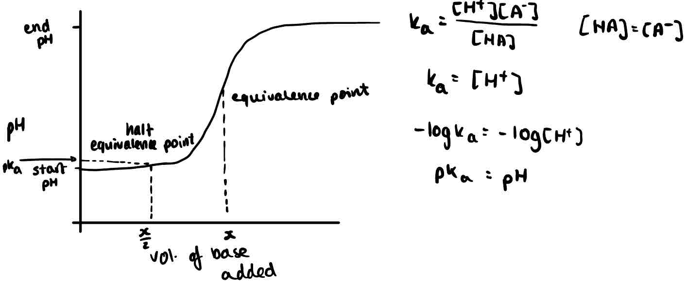<p>At the half equivalent point of the titration curve of the weak acid with a strong base, [HA] = [A⁻], so Ka = [H⁺] and pKa = pH.</p>