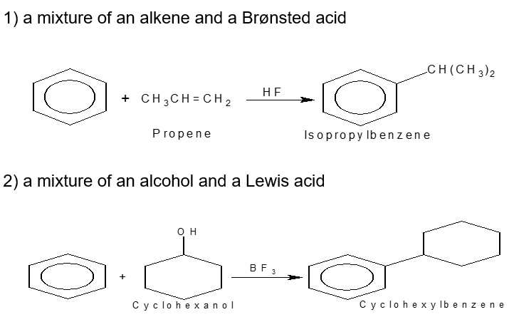 <p>A mixture of an alkene and Bronsted acid</p><p>A mixture of an alcohol and Lewis acid</p>