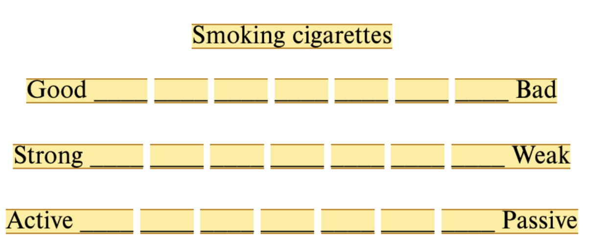 <p><span style="background-color: transparent; font-family: "Times New Roman", serif;"><span>Scale items differentiate 3 dimensions</span></span><span style="background-color: transparent; font-family: "Times New Roman", serif; color: yellow;"><span> (</span><strong><span>evaluation, activity, and potency</span></strong><span>)</span></span><span style="background-color: transparent; font-family: "Times New Roman", serif;"><span> on a series of bipolar adjectives using a 7-point scale </span></span></p>