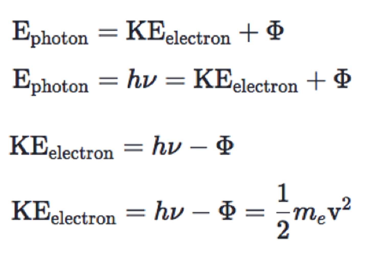 <p>E = Work function + KE</p><p>E is the total energy of the photoelectron, work function is the minimum energy required to remove it from the surface, KE is the remaining energy that wasnt used in the work function.</p><p>This can be rewritten as:</p><p>hf = hf(threshold) + 1/2mv^2</p>