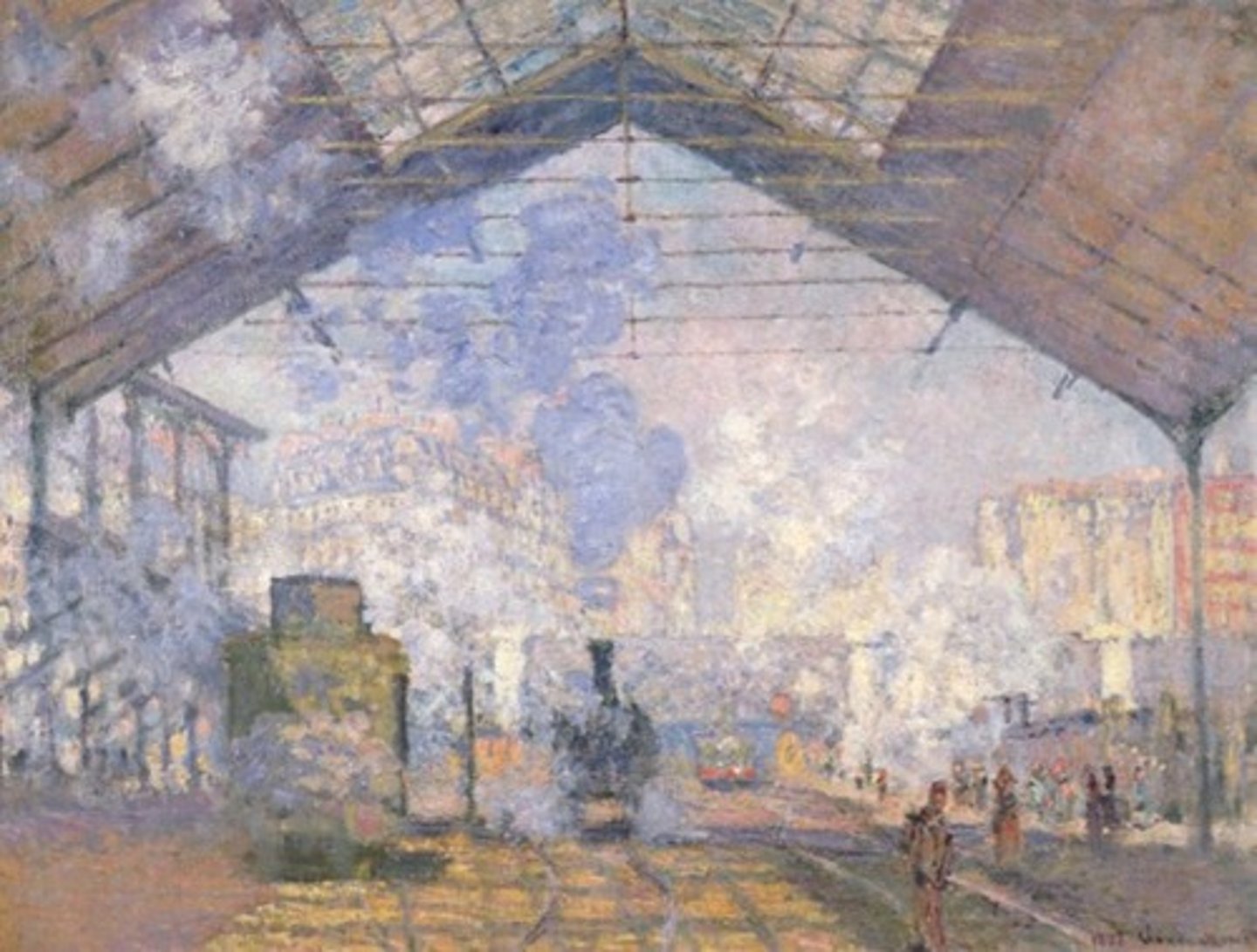 <p>1877. Claude Monet. Oil on canvas. Impressionism<br>In a series of paintings of this station, each at a different time/day/year.<br>Station was paragon of parisian life, common subject<br>Intended to be hung together<br>Focus on light, lemon yellow in the sky lights, ground.<br>Interaction with the smoke, mode to convey atmospheric perspective.<br>Organic and inorganic<br>Organic smoke, flowey<br>Inorganic, station, boxcars. Not making them uniformly thick or perfectly straight. Not dominating the space.<br>Lightens the ceiling, atmospheric perspective, sense of grandity.<br>Steamy haze obscures boxcar and lavish hotel<br>Critics disliked focus on machine, smoke, and ugly things<br>Busy, industrial, dirty atmosphere. Dirty/ugly area. GOES AGAINST typical depictions<br>Focus on light, color, and shape rather than the subject. Simplification</p>