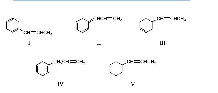<p>Which compound would have a UV absorption band at longest wavelength</p>