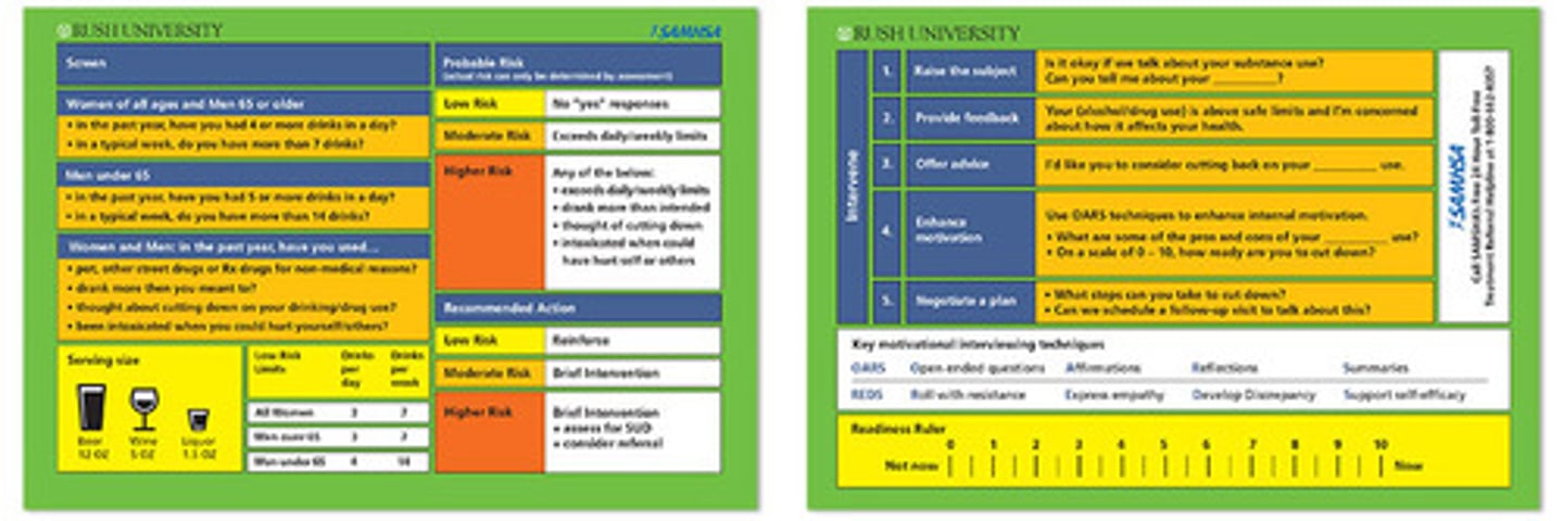 <p>screening, brief intervention, and referral to treatment</p><p>- included in routine wellness screenings</p><p>- reduces risk drinking and related harms</p><p>- promotes safer drinking</p><p>- increase help-seeking among individuals who need it</p>