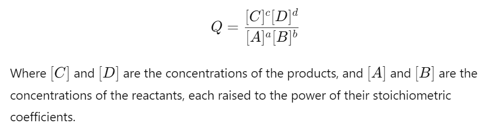 <p>The reaction quotient (Q) is a ratio that compares the concentrations of products to reactants at any point in time during a reaction. </p><p>Unlike the equilibrium constant (K), which only applies at equilibrium, Q can be used at any stage of the reaction to predict which direction the reaction will proceed to reach equilibrium.</p><p>Q is calculated using the same expression as K</p><p></p>